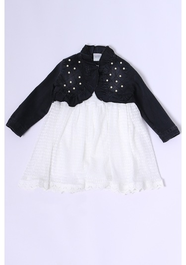 Kız Çocuk Kot Ceketli Elbise Fırfırlı Dantelli Taş İşlemeli F19 KREM