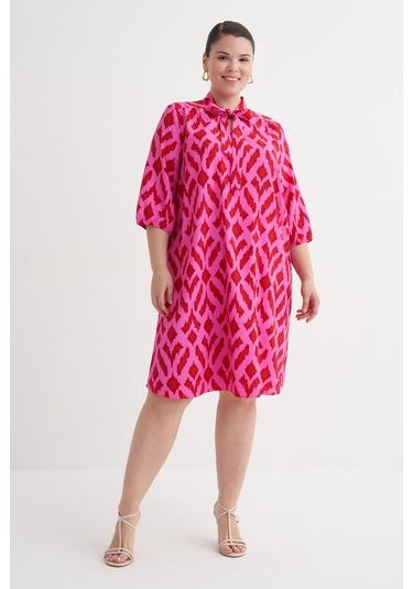 Desenli Fular Yaka Elbise-6232 Pembe