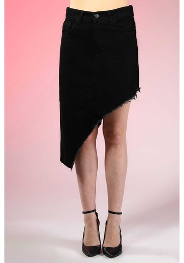 Shevega Kadın Siyah Etek Püskül Asimetrik Kesim Keten Etek Siyah