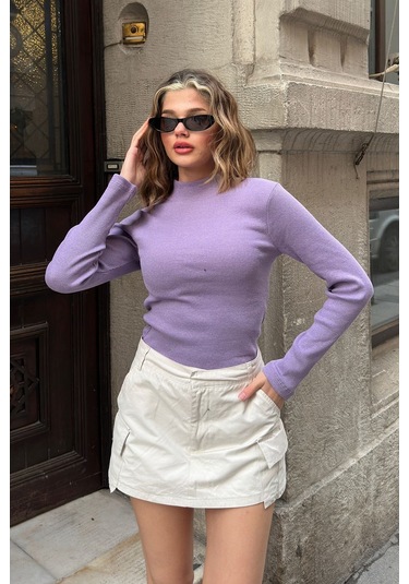 Saks Yarım Balıkçı Şardonlu Fitilli Bluz Lila