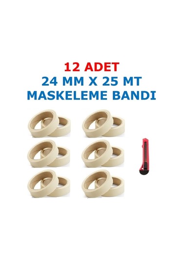Hediyeli 12 Adet 24 Mm X 25 Mt Maskeleme Bandı Kağıt Bant