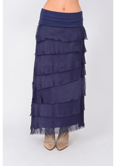 İtalyan 2 Beden Ince Gösteren Kat Kat Ipek Etek & Straplez Elbise Lacivert