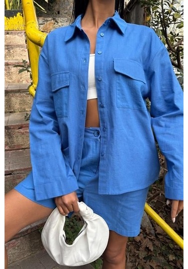 Gömlek Ve Şort Flamlı Keten Takım 10130 Mavi