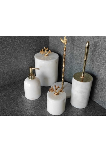 Beyaz Mermer Gold Başak Aksesuarlı 5'li Banyo Seti Beyaz