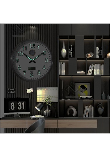 Basınç Isı Sıcaklık Ölçerli Tarih Göstergeli Fosforlu Duvar Saati Gümüş - Beyaz