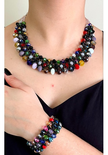 Karışık Renkli Kristal Taşlı Türk El Yapımı Gerdanlık Set Siyah - Kırmızı