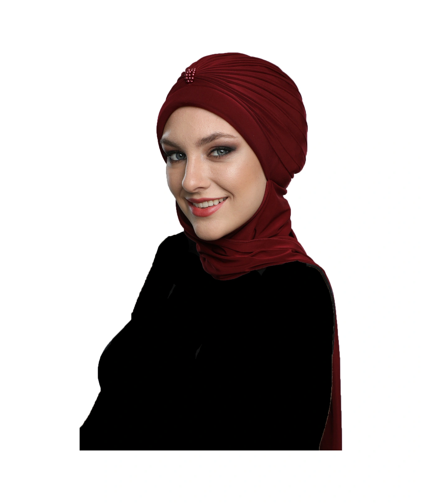 Incili Atkılı El Işi Inci Işlemeli Bordo Hazır Türban Tesettür Bone Bordo