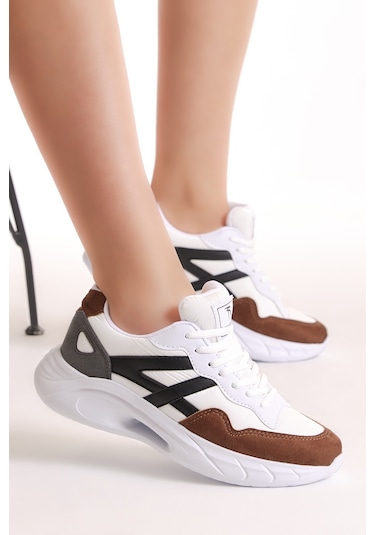 Tonny Black Kadın Beyaz Kahve Faylon Taban Şeritli Bağcıklı Spor Ayakkabı Beyaz - Kahverengi