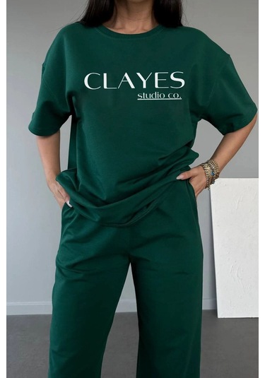 Studio Co Baskılı Nefti Yeşil T-shirt Eşofman Altı Takım - Oversize Bisiklet Yaka Yeşil