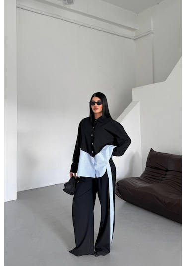 Polyviskon - Poplin Parçalı Gömlek Pantolon Takım - Siyah Siyah