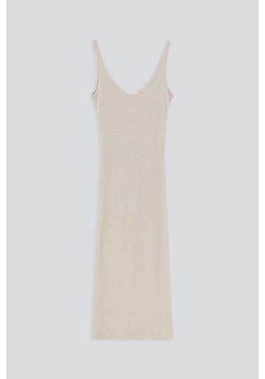 ASKILI V YAKA ELBİSE BEJ