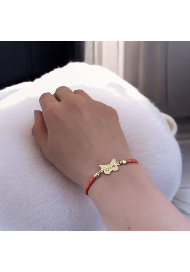 Cansu İsmine Özel Turuncu Derili Kelebek Motifli 14 Ayar Altın Plakalı Hediye Bileklik-502isim Cansu