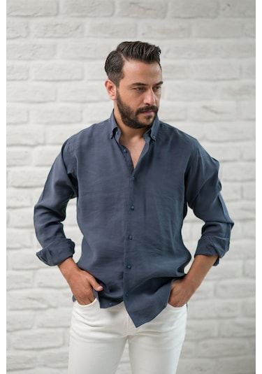 Regular Fit Yaka Düğmeli Yazlık Modal Kumaş Erkek Gömlek Antrasit