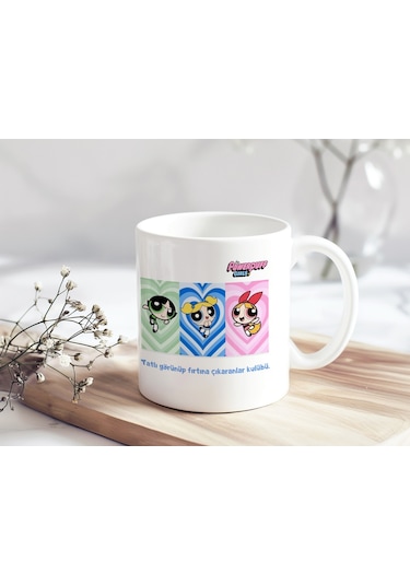 Powerpuff Girls Tatlı Görünüp Fırtına Çıkaranlar Kulübü Yazılı Kupa Bardak - Renkli Kız Arkadaş Grup Beyaz