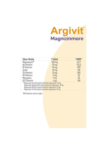 Argivit Magnizinmore Magnezyum Çinko Ve Vitamin D İçeren Takviye Edici Gıda 60 Tablet