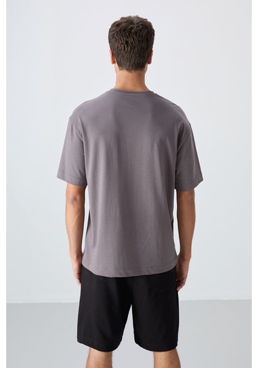 Tommy Life Koyu Gri Pamuklu Kalın Yumuşak Dokulu Oversize Fit Baskılı Erkek T-shirt - 88331 Koyu Gri