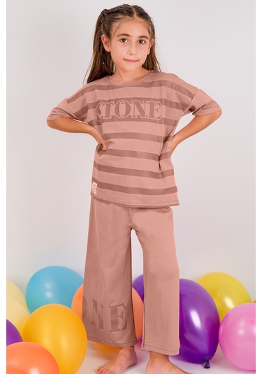 Kız Çocuk Eşofman Takımı Çizgili İspanyol Paça B17 Pudra