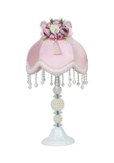 Pudra Kadife Kaplı Çiçek Dekorlu Vintage Abajur ab0057 Diğer