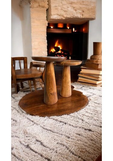 Wood Ahşap 2'li Set Konik Mantar Yan Sehpa Modern Fiskos / Açık