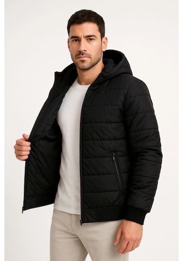 Ertaştrendstore Erkek Şişme Kapüşonlu Fermuarlı Mont Su İtici Kapitone Cepli Ceket - Siyah Çoklu Renk