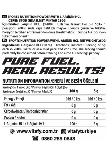 Vitafy Arginine Hcl 50 Servis Aromasız 250 G