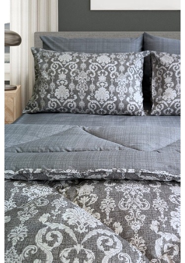 Lux Uyku Seti-tek Kişilik-lastikli Çarşaflı 2yastık Kılıflı-özel Çantada Modern Damask Gri