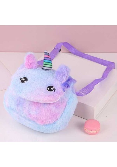 Maoyaya Yeni Yuvarlak Gözlü Tek Boynuzlu At Çocuk Peluş, Renkli Kapaklı Kız Omuz Çantası Mor Lila