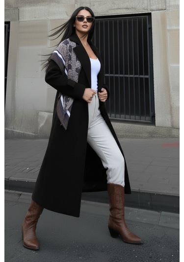 Kruvaze Kesim Kışlık Trençkot Palto Siyah