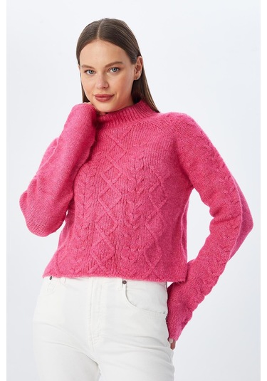 6855 Kadın Dik Yaka Saç Örgülü Triko Kazak Fuşya Fuşya