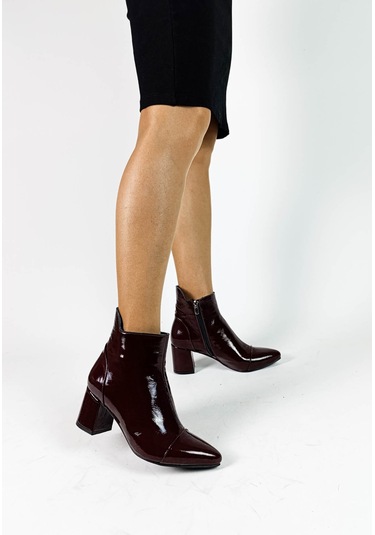 Hakiki Deri Bordo Rugan Fermuarlı Kalın Topuk Kadın Bot Bordo