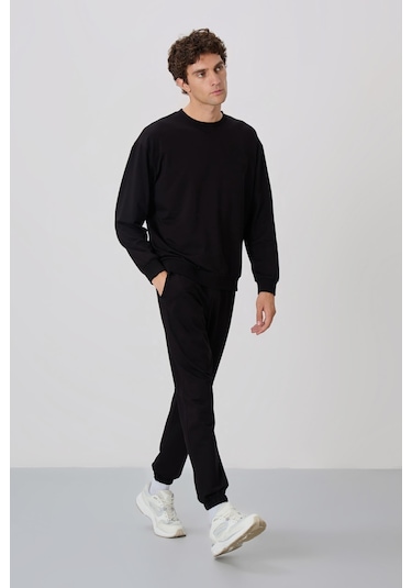 Tommy Life 85120 Casual O Yaka Lastik Paça Pamuklu Oversize Erkek Eşofman Takımı - Siyah