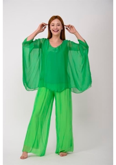 İtalyan Yarasa Kollu İpek Bluz Yeşil