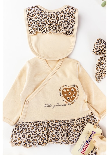 Babymod Leopar Baskılı Kız Bebek Hastane Çıkışı Takımı -  5 Parça Bej
