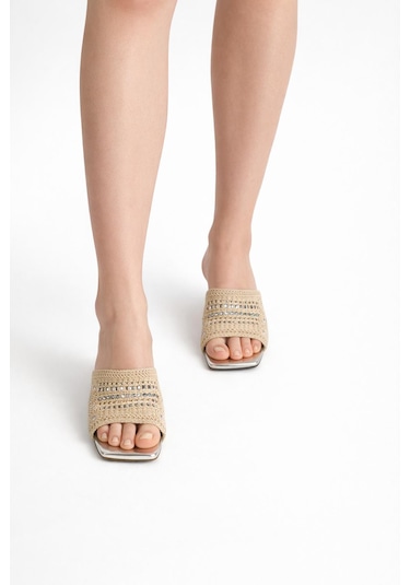 Tual Shoes Kadın Silver Bej Örgü Detaylı Topuklu Terlik Bej - Gümüş