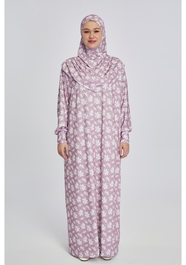 Pratik Tek Parça Manolya Desenli Namaz Elbisesi Pembe