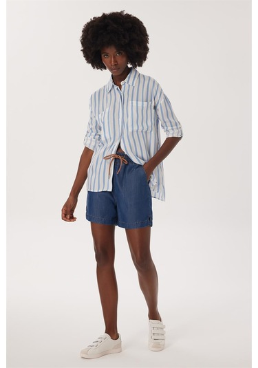 Lee Cooper Mındy Kadın Dokuma Gömlek Beyaz Mavi Çizgili 16360 Beyaz Mavi Çizgili Beyaz - Mavi
