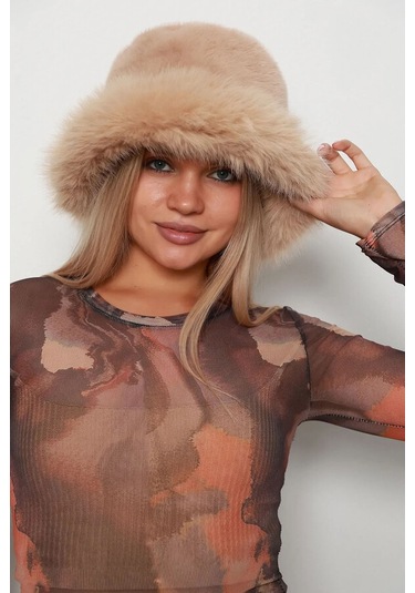 Kadın Peluş Bucket Kalpak Şapka 1143 Rkş-14 Camel Camel