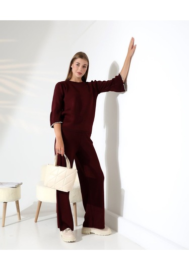İnci Volanlı Kol Detaylı Triko Takım Bordo