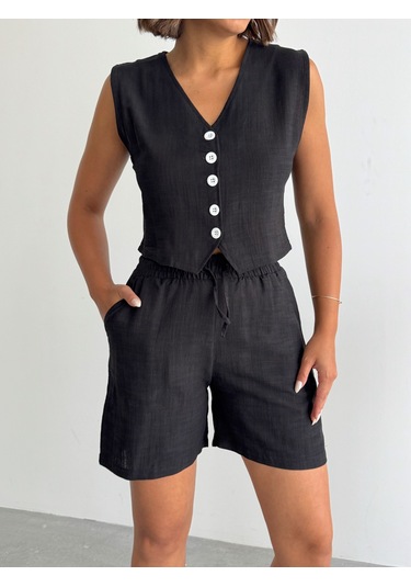 Kadın Keten Yelek Şort Alt Üst Takım Siyah