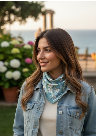 Beyaz Zambak Desen 55x55cm Bandana/fular Çok Renkli