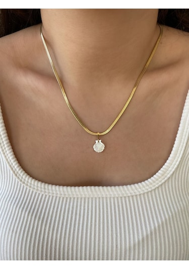 Sedef Taşlı Deniz Kabuğu İtalyan Zincir Çelik Kolye