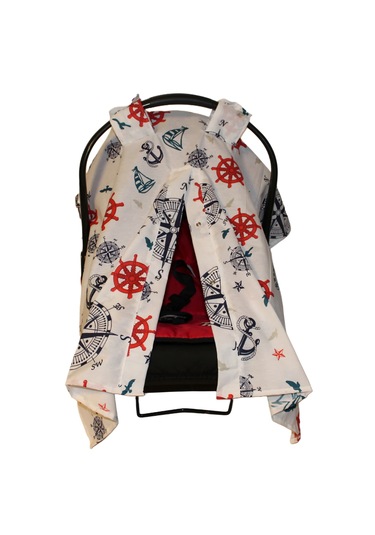 Denizci Temalı Bebek Puset Örtüsü Çapa & Dümen Desenli Çıt Çıtlı Puset Örtüsü Açık Mavi