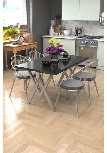 Evdemo Eylül Silver 4 Kişilik Mutfak Masası Takımı Mermer Gri