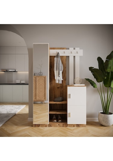 Robin Home Liva Aynalı Vestiyer Portmanto Ayakkabılık Çam-beyaz