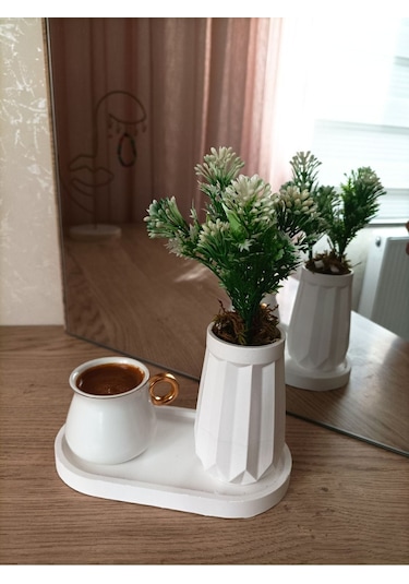 Mini Düz Desenli Beton Saksı Tekli Ve Oval Tabak - Yapay Çiçek Hediyeli - Beyaz Tomurcuk