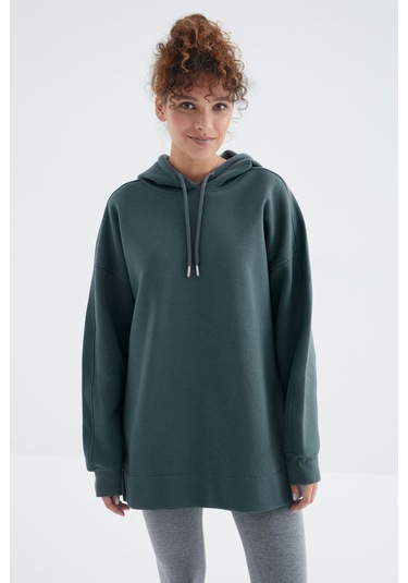Tommy Life Orman Yeşili Reglan Kol Basic Kapüşonlu Oversize Sweatshirt Tunik - 97242 Orman Yeşili