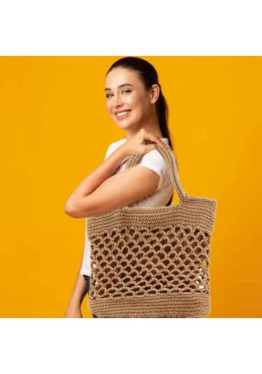 Dofolink Kadınlar İçin Yazlık Pamuk İpi Örgü Beach Çanta - Krem Renk Spor Çantası Çok Renkli
