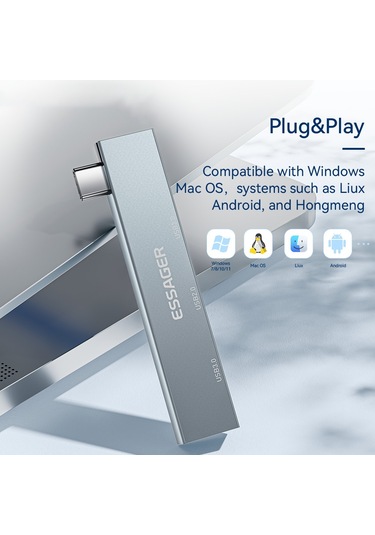 Cbtx Essager 3'ü 1 Arada Usb Hub Ayırıcı 1 Usb3.0 + 2 Usb2.0 Bağlantı Noktası Tip-c Tablet Dizüstü Bilgisayar İçin Alüminyum Alaşımlı Adaptör - Gri