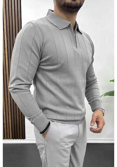 Erkek Yarım Fermuarlı Polo Yaka Mevsimlik Kazak Gri Edw195 Gri