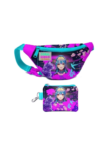 Coral High Kız Çocuk Mor Pembe Anime Kedi Desenli Bel Çantası Ve Bozuk Para Cüzdanı Set Çok Renkli
